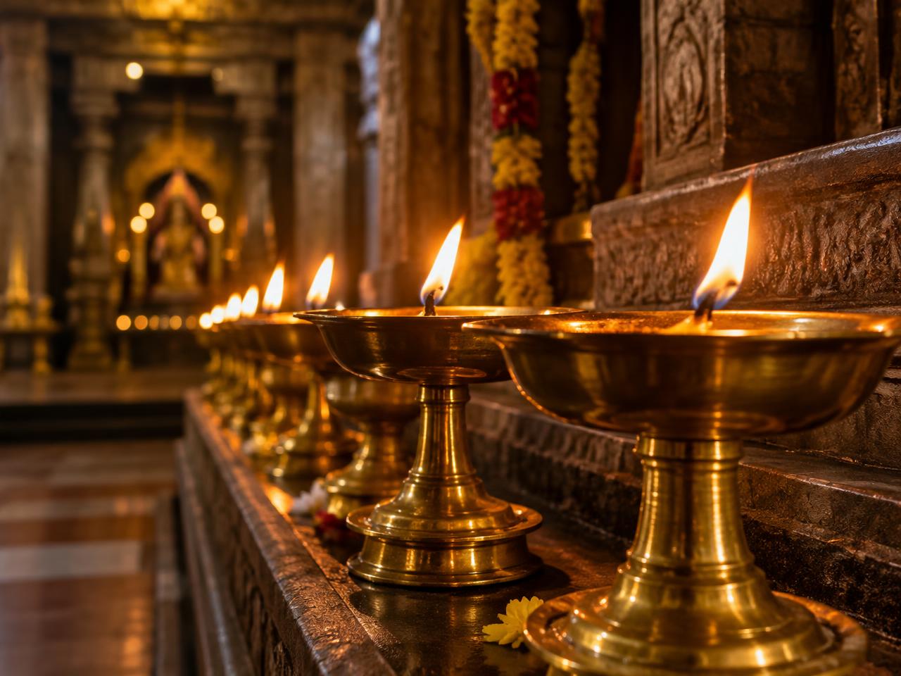 Row of lit brass oil lamps inside a temple