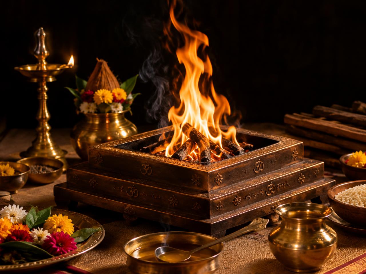 Sacred havan fire with brass vessels and flowers